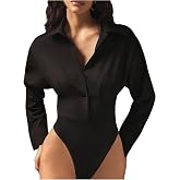 OYOANGLE Women's Dolman Long Sleeve Collared Bodysuit Button Down Shirt | Plus Size Top, Work Office, Going Out, Dressy Casual Blouse