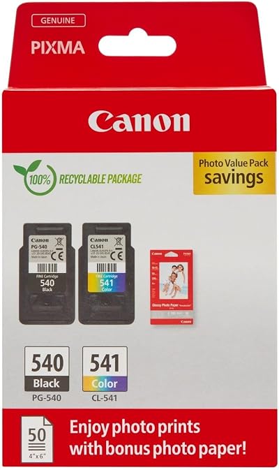 Canon PG-540 CL-541 Ink Cartridge 2 Pack Black Colour & 50 Sheets Photo Paper