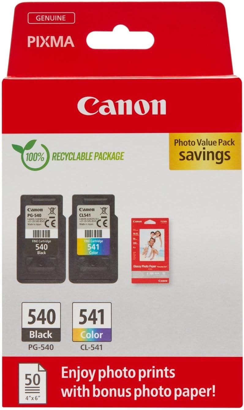 Canon PG-540 CL-541 Ink Cartridge 2 Pack Black Colour & 50 Sheets Photo Paper