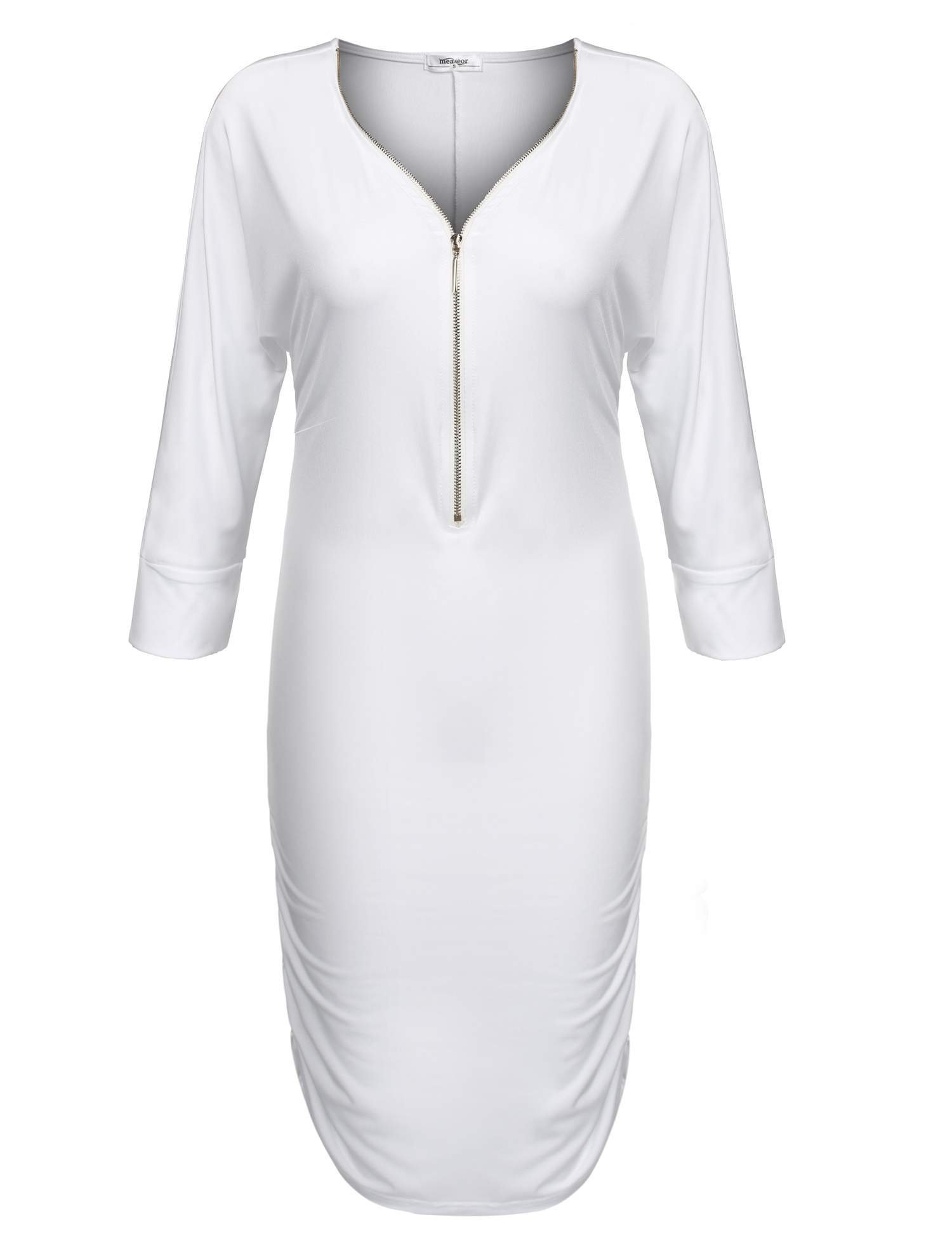 Meaneor Women\'s V Neck Zip Front Side Ruched Casual Lightweight Tunic Top White XS