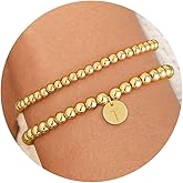 Honsny Gold Beaded Bracelet for Women 18K Gold Plated Initial Bracelets Dainty Stack Stackable Non Tarnish Bracelets Set Adjustable Letter A-Z Charm Bracelet for Women Trendy Gold Jewelry Gifts