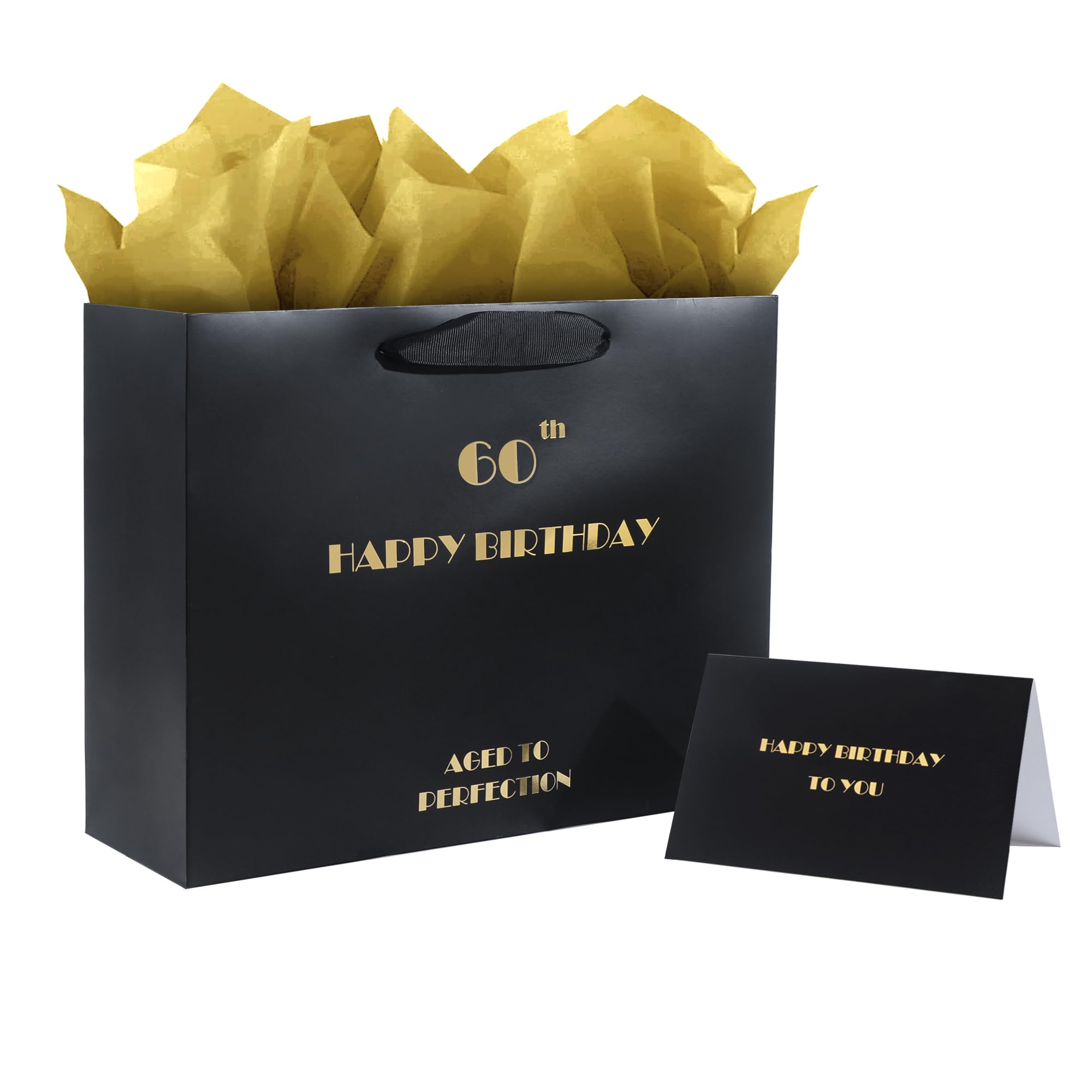 Photo 1 of 60th Birthday Gift Bag, Black Gold 60th Birthday Bag with Tissue Paper and Greeting Card for Party, Happy 60th Bithday Gift Bags for Men Women, 12.6" Medium 60th Gift Bags (60th)