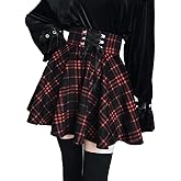 Lunoakvo Women's High Waisted Short A-line Flare Gothic Mini Black Red Plaid Pleated Skirt Dress
