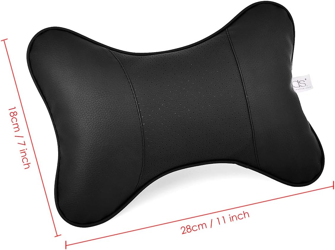 ds. distinctive style Car Neck Pillow 2 Pieces PU Leather Travel Pillow for Head Rest with Buckle Neck Support for Car Seat - Black - Image 3