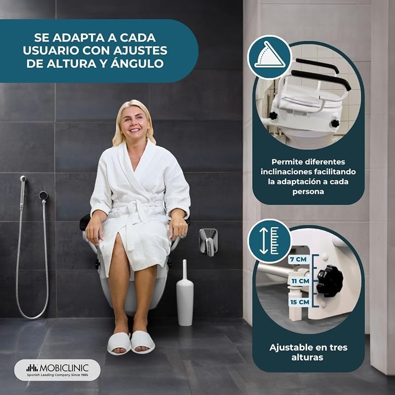 ®, Elevador wc para adultos con reposabrazos, Tajo, 19 cm, Ancianos, Tapa y abatibles, De inodoro, Regulable en 3 alturas, Inclinable, Blanco