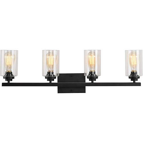 Wall Sconce 4-Light Bathroom Vanity Light Industrial Vintage Lighting Fixture with Clear Glass Shade, Black