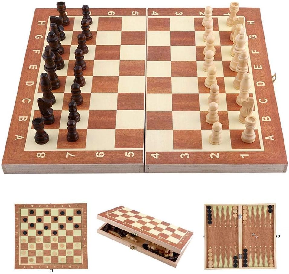 3 in 1 Chess Set for Kids - Wooden Folding Chess Board with Storage. Chess, Checker, Backgammon, Ideal for Kids, Beginners and Adults, Portable and Easy for Travel