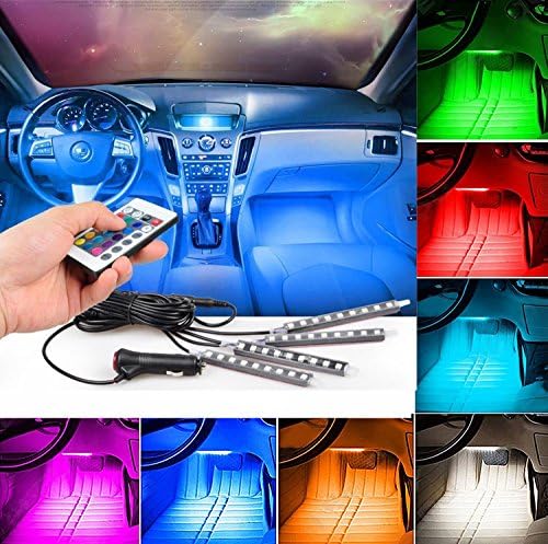 Car LED Interior Lights, Wishshopping 4pcs DC12V 36 LEDs RGB 16 Colors LED Strip Light, Car Styling Decorative Lights, Car Styling Atmosphere Lamps With Remote Controller, Car Charger Included