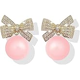 Pearl Bow Earrings Christmas Imitation Pearl Earrings Dainty Rhinestone Pearl Bow Drop Earrings for Women