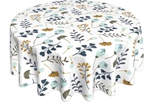 GRANBEY Blue Grey White Floral Leaves Round Tablecloth 60 Inch Spring Summer Leaf Table Clothes Rustic Reusable Circle Table Cover for Picnic Party Dining Room Home Indoor Outdoor Decor
