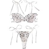 Lilosy Sexy Tie Side Embroidered Underwire Push Up Cute Strappy Mesh Sheer Bachelorette Lingerie Set