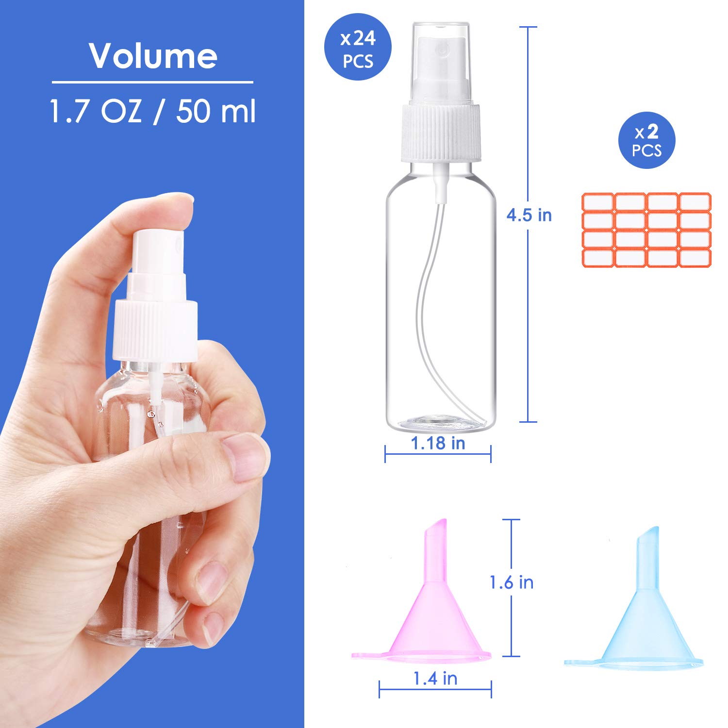 24 Pcs 1.7oz / 50ml Spray Bottles with 2pcs Funnels 32pcs Labels Clear Empty Mini Spray Bottles Refillable Container Pocket Size Sprayer Set Essential Oils Travel Cleaning Makeup Bottles Nearly 2oz : Beauty