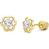 14k REAL Yellow Gold Flower CZ Stud Earrings with Screw Back