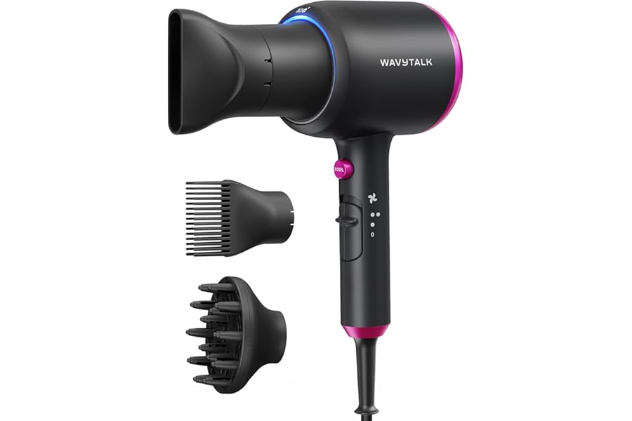Wavytalk Hair Dryer with Diffuser, Blown Away Ionic Hair Dryer for Curly Hair with Comb, 1875W Fast Drying Blow Dryer with Ceramic Technology, 3 Attachments for All Hair Types, Light and Quiet, Black