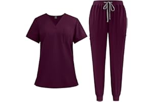 NAKHOPAZ Scrubs for Women Set 2024 Fall Medical Uniform Stretch V-Neck Scrub Top & Jogger Pant with Pockets