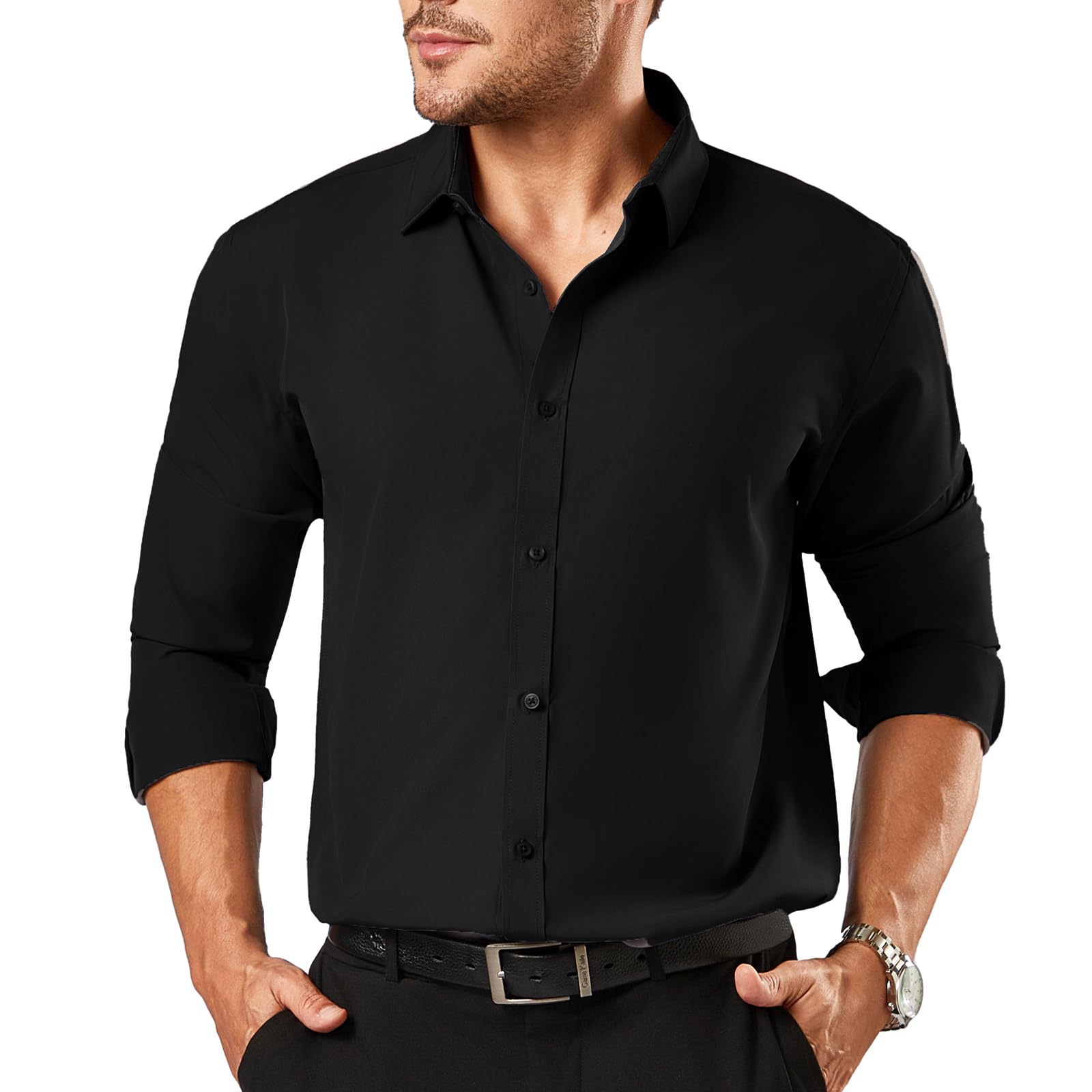 Photo 1 of BEFRIED Dress Shirts for Men Big and Tall(Size XL Big-6XL Big Tall) Button Down Long Sleeve Tuxedo Black Shirts Business Casual Collared Shirt