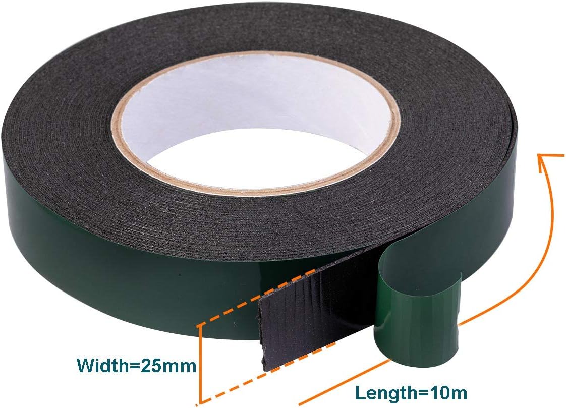 YoiYee 25mm x 10m Double Sided Foam Tape, Strong Sticky Adhesive Green Film Glazing Tape, PE Sponge Strip Sticky Mounting Tape, Black - Image 3