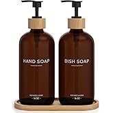 Hand and Dish Soap Dispenser Set,16oz Glass Bottles with Printed Labels, Bamboo Tray & Pump,Countertop Soap Dispensers for Kitchen,Luxury, Minimalist & Farmhouse Decor (Hand Dish (Amber))