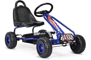 OLAKIDS Kids Ride-On Go Kart, Pedal Powered 4 Wheel Toy Car, Outdoor Indoor Pedal Foot Racer for Boy Girl with 2-Position Adjustable Bucket Seat, Clutch, Manual Brake, Non-Slip Wheels (Navy Blue)