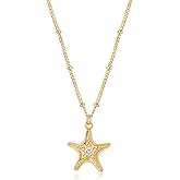 LADYGD Gold Pendant Necklace for Women 14K Gold Plated Cubic Zirconia Simulated Pearl Ocean Starfish Seashell Charm Necklace Handmade Gold Jewelry Gifts