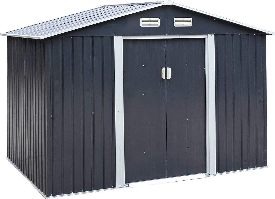 JAXPETY 6.3' x 9.1' Large Outdoor Metal Storage Shed Backyard Garden Lawn Utility Tool Shed Building Garage Organizer with Sliding Door, Roof and 4 Vents, Gray