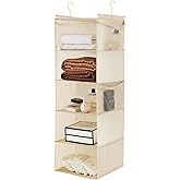 MAX Houser 5 Shelf Hanging Closet Organizer, Space Saver, Cloth Hanging Shelves with 4 Side Pockets, Foldable, Beige