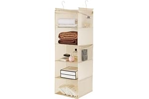 MAX Houser 5 Shelf Hanging Closet Organizer, Space Saver, Cloth Hanging Shelves with 4 Side Pockets, Foldable, Beige