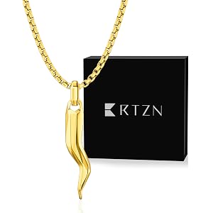 RTZN® Pendant Necklace for Men – Premium Stainless Steel Silver, 18K Gold Star of David Pendant & Italian Horn Necklace with
