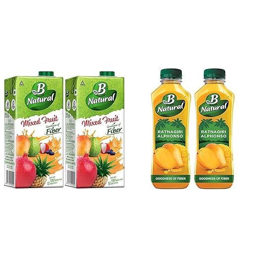 B Natural Mixed Fruit Juice, 1L (Pack of 2) + B Natural Ratnagiri Alphonso 750ml (Pack of 2)
