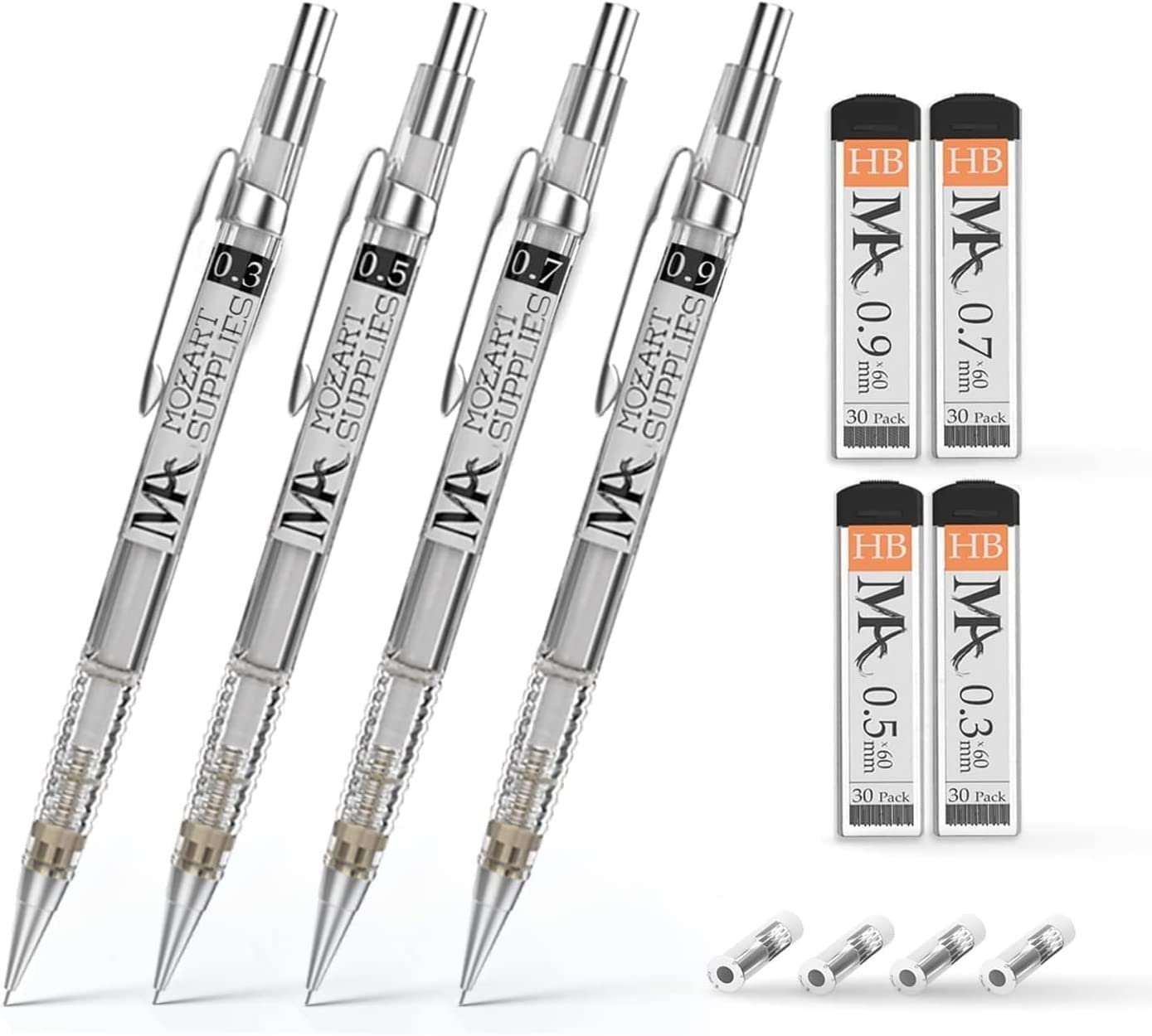 MozArt Essential Mechanical Pencil Set - 4 Sizes: 0.3, 0.5, 0.7 & 0.9 mm plus HB Lead & Eraser Refills - Drafting, Sketching, Illustrations, Engineering, Architecture, Writing & School Work
