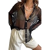 Women’s Sheer Button Up Shirt Y2K Long Sleeve Lapel V Neck Mesh Top Vintage See Through Basic Blouse Streetwear