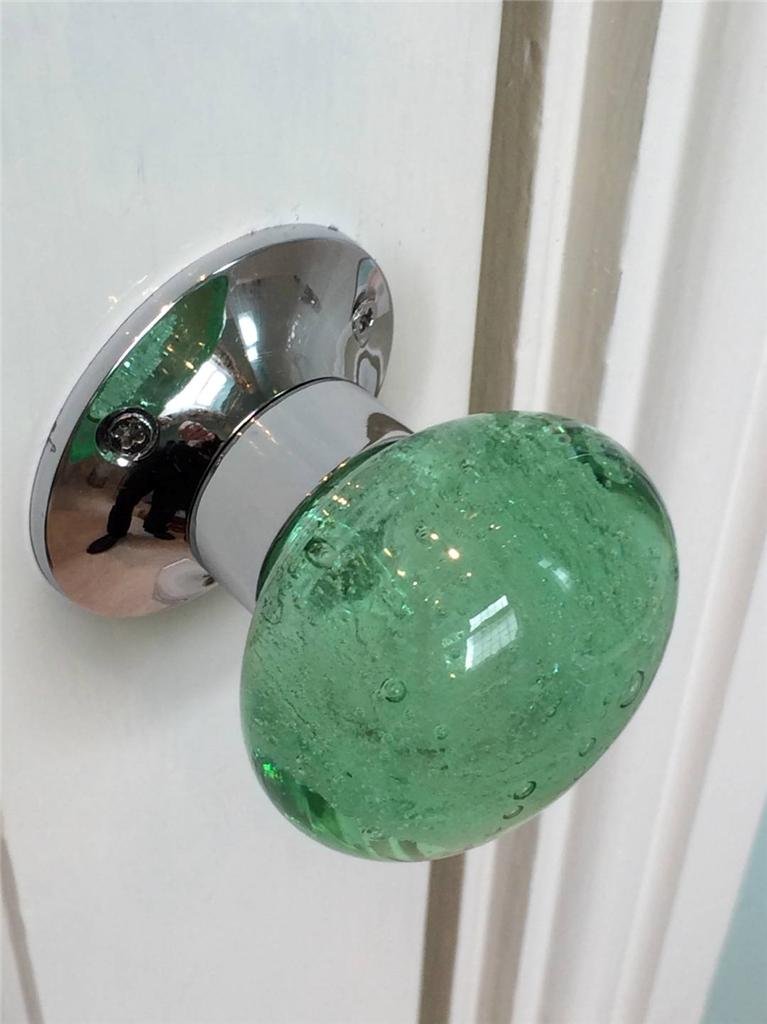 Chattels Beautiful Pair of Large Green/Mint Contemporary/Retro Round Smooth Bubble Glass Chrome Mortice Door Knobs/Handles
