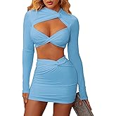 XinFSh Women's Sexy Two Piece Skirt Set Long Sleeve Crop Top Cut Out Twist Front Bodycon Mini Dress Party Club Outfits