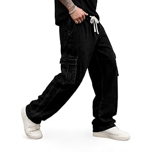 JMIERR Mens Baggy Cargo Jeans Vintage Y2K Straight Leg Elastic Waist Denim Pants Drawstring Streetwear with Flap Pockets
