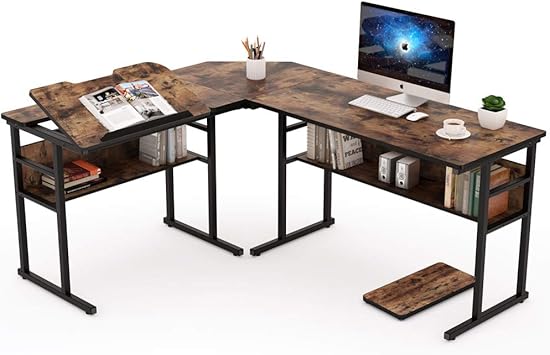 Amazon Com Tribesigns Industrial L Shaped Desk With Bookshelf 67 Inch Double Corner Computer Office Desk Workstation Drafting Drawing Table With Tiltable Tabletop For Home Office Rustic Brown Furniture Decor