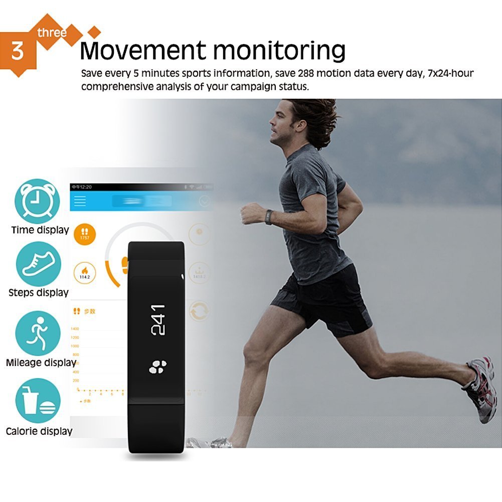 SinoPro i5 Plus Smart Bracelet Fitness Tracker Smart Wristband Bluetooth Activity Tracker with Waterproof Touch Screen Pedometer Sleep Monitor for iPhone, Samsung and other Smartphones (Black)