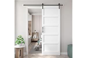 Fredbeck 36x96 inch White Barn Door with 6.6FT MDF Sliding Door Hardware Kit Included & Handle,Solid PVC Surface,DIY Assembly,5-Panel