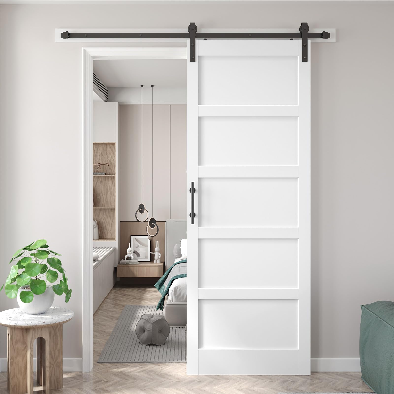Photo 1 of Fredbeck 36x96 inch White Barn Door with 6.6FT MDF Sliding Door Hardware Kit Included & Handle,Solid PVC Surface,DIY Assembly,5-Panel