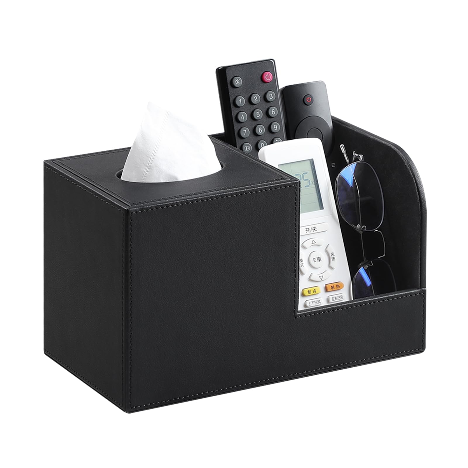 Photo 1 of JLAMBOM PU Leather Tissue Box Cover with Remote Control Holder, Square Tissue Box Holder for Living Room Bathroom Office (Black)