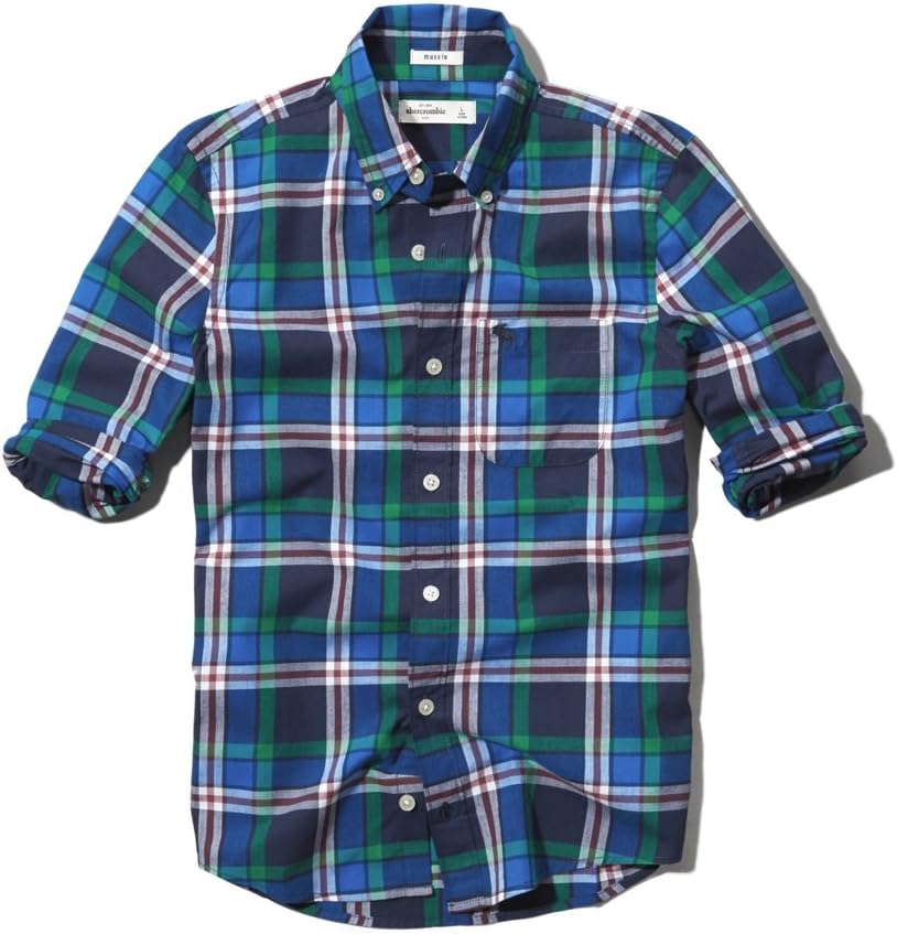 abercrombie & fitch Kids CLASSIC PLAID SHIRT Boys Button-Down Collar (Navy Plaid) (Large)