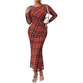 RITERA Plus Size Christmas Dresses for Curvy Women Long Sleeve Buffalo Plaid Bodycon Ruched Maxi Dress Sexy Mock Neck High Slit Side Zip Up Wedding Guest Party Red Mesh Dresses Outfit 3XL 22W 24W