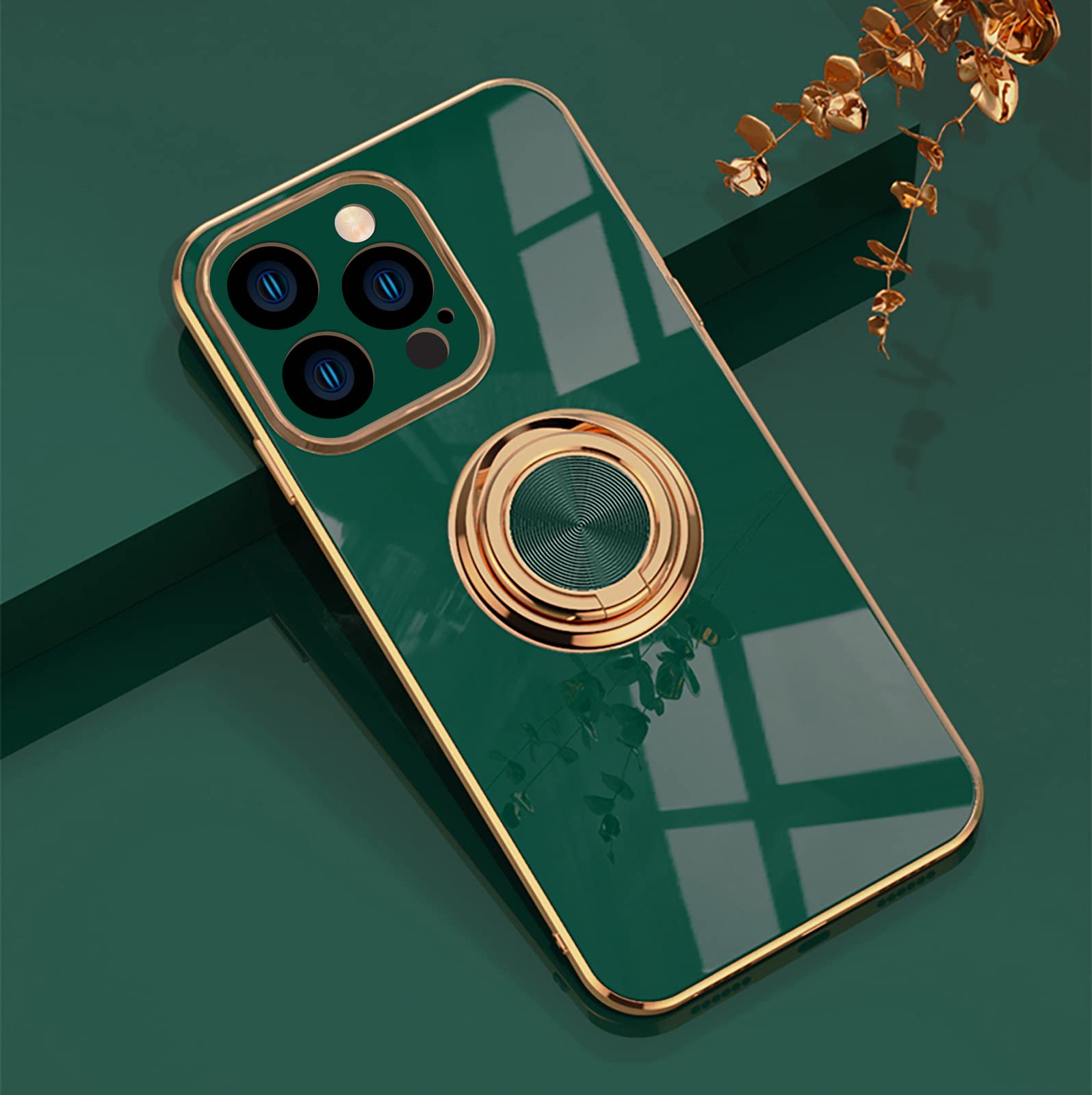 EYZUTAK Electroplated Magnetic Ring Holder Case, 360 Degree with Rotation Metal Finger Ring Holder Magnet Car Holder Soft Silicone Shockproof Cover for iPhone 12 Pro 6.1 inch - Drak Green — image 1