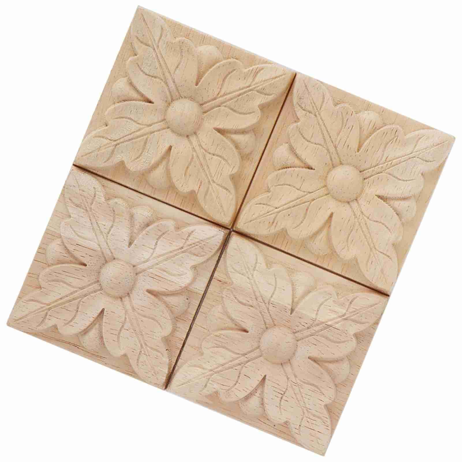 AUNMAS 4Pcs Wood Carved Appliques, 6 * 6cm Rubber Wood Carving Checkered Applique Square Unpainted Decal Natural Onlay Furniture European Bed Door Cabinet Wall DIY Frame Decor for Home