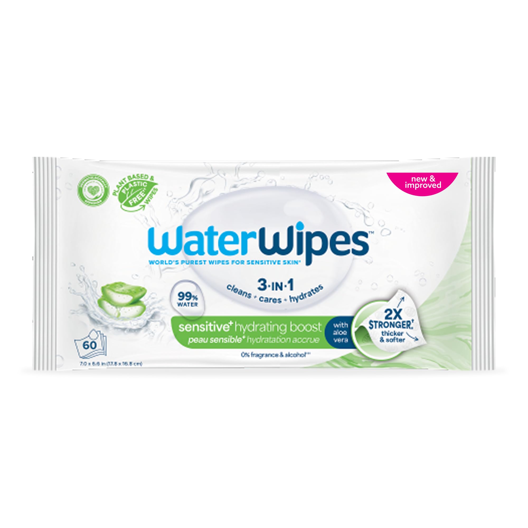 Photo 1 of WaterWipes Sensitive+ Hydrating Boost Wipes, 3-In-1 Cleans, Cares, Hydrates, 99% Water with Aloe Vera, Unscented & Hypoallergenic Baby Wipes, 60 Count (1 Pack)
