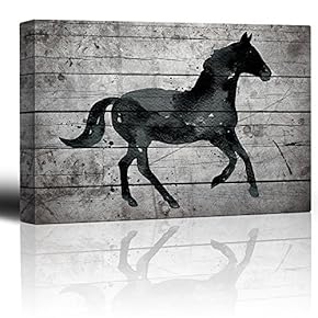 Black Watercolor Horse on a Grungy Wood Background - Canvas Art Home Art - 12x18 inches