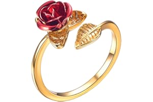 U7 Rose Flower Ring, Stackable Band Ring for Women Girls, Platinum Silver/Gold/Rose Gold Red Signet Rings Adjustable Fit Size 5 to 10