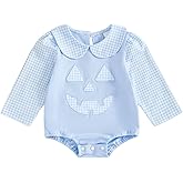 Lenjindjer Infant Baby Boy Girl Halloween Outfit Puff Sleeve Peter Pan Collar Pumpkin Print Bubble Romper Fall Bodysuit