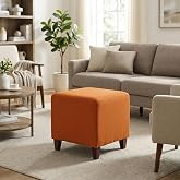 Adeco Simple British Style Cube Ottoman Footstool, 16x16x16 | for Living Room Bedroom Modern Padded Seat Easy Assembly Pumpkin Orange