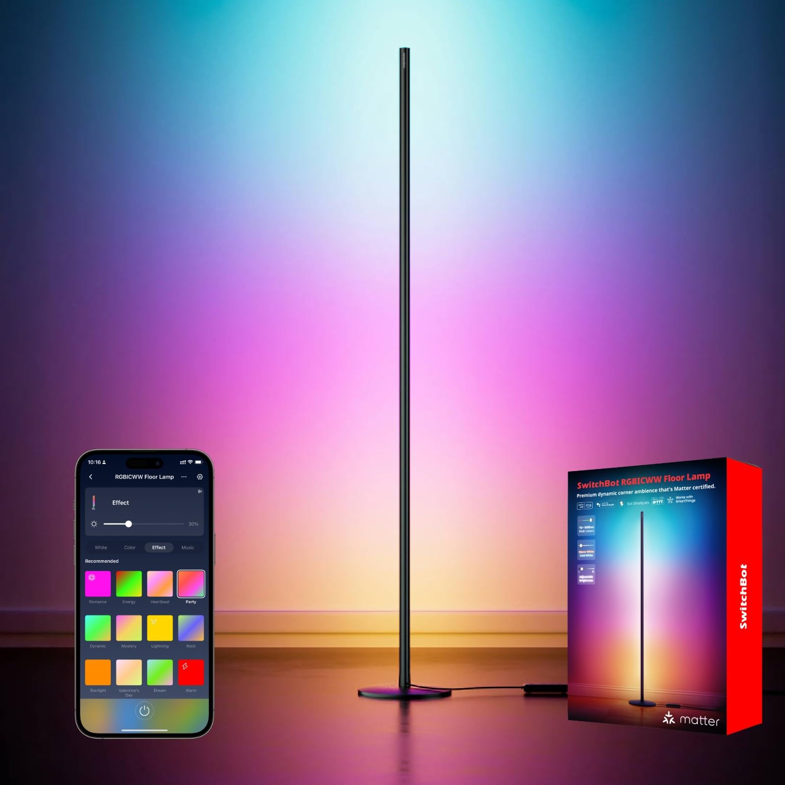 Photo 1 of SwitchBot Smart RGBICWW App-Controlled Floor Lamp with Matter, Warm & Cool White, Alexa-Compatible Lamp, Works with Apple Home, Google Home – 1200lm Music Sync, Lamp for Living Room for Bedroom