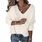 SunnyMelody Womens Cute V Neck Striped Sweater Fall Outfits 2025 Trendy Pullover Sweaters Top - Lightweight, Loose Fit